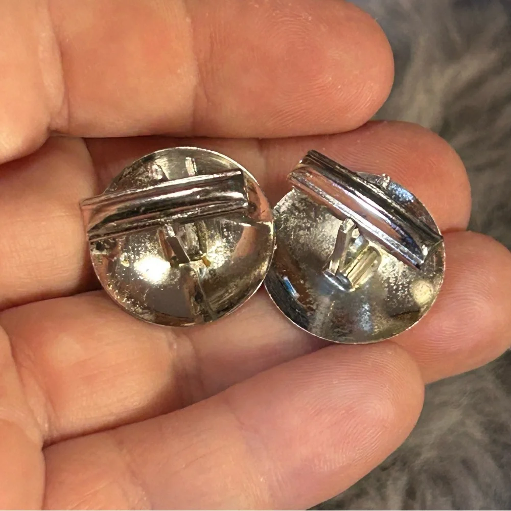 Gentleman’s Vintage JML Sterling art deco etched cat eye glass cuff links